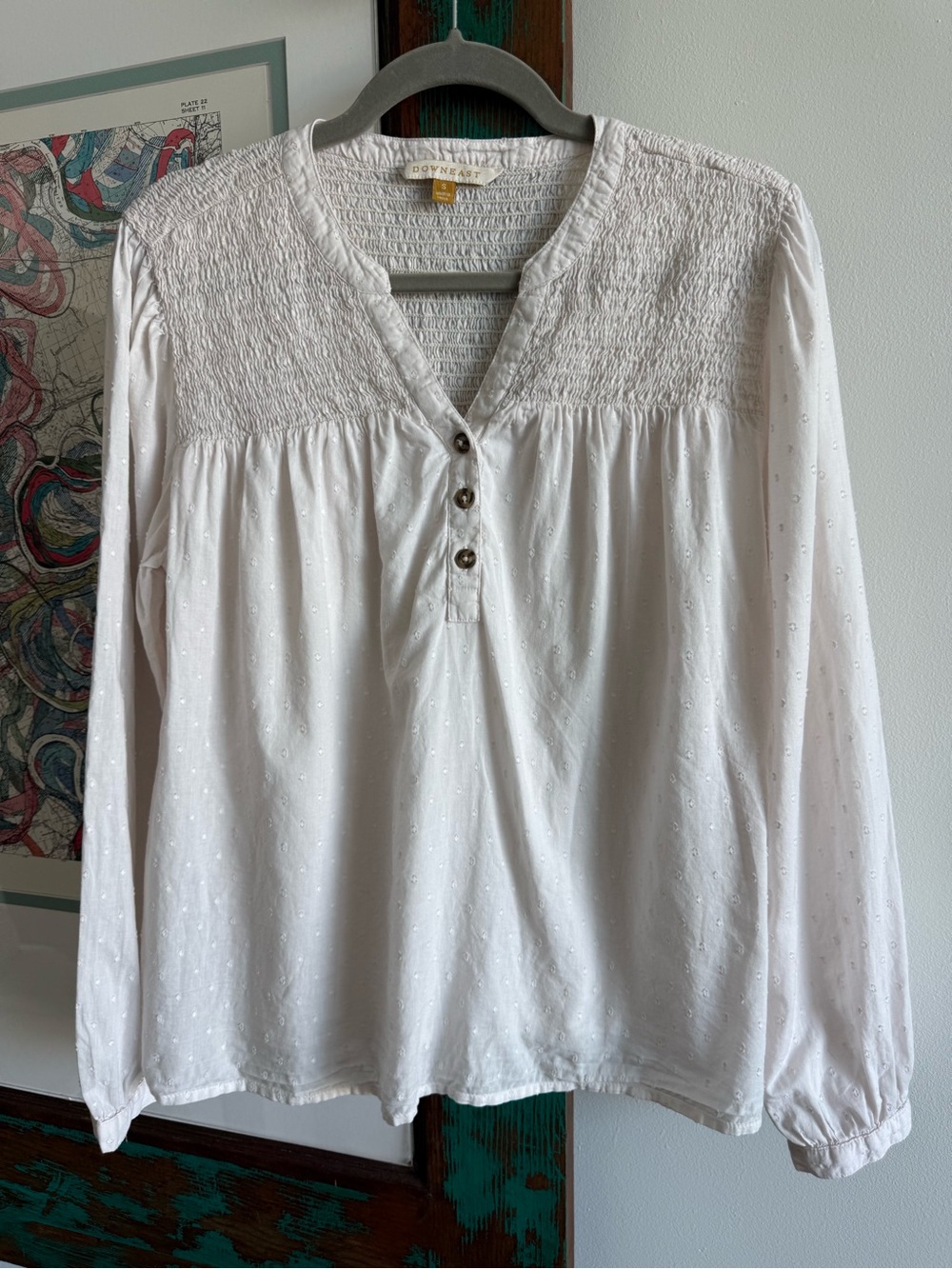 DOWNEAST Cotton Ivory Smocked Eyelet Long-Sleeve Too Size Small